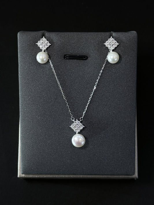 Sterling Silver Set - Mini Rhombus with Fresh Pearl